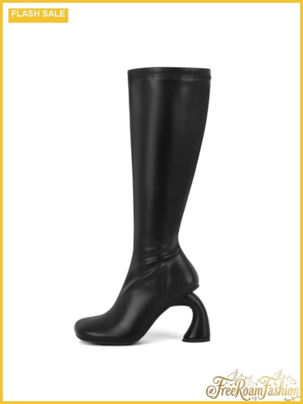 Women's Knee High Heeled Boots PU Leather Retro Curved Heel Zip